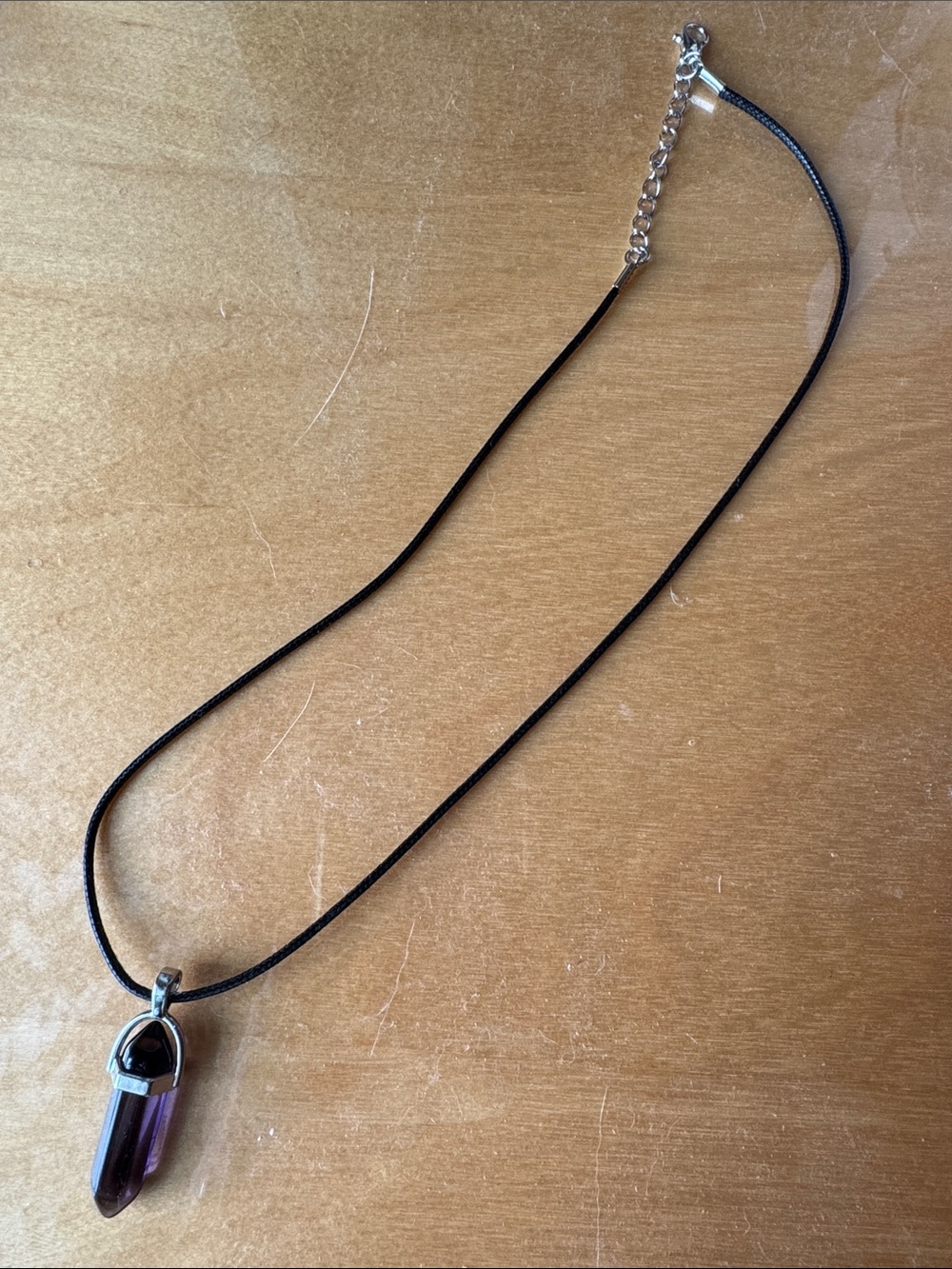 Purple Crystal Pendant Necklace on Black Cord